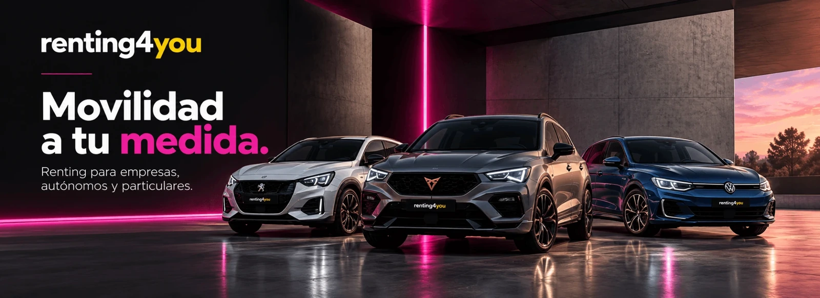 Un Peugeot, un Cupra y un Volkswagen de renting de Renting4You en un espacio arquitectónico con iluminación magenta